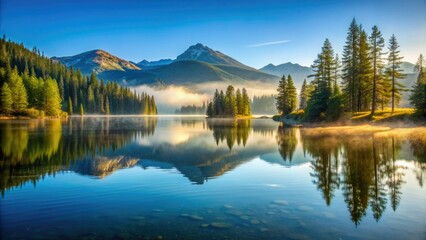 Obraz premium Serene morning scene at Silver Lake, with gentle ripples on the calm water reflecting the surrounding trees and misty mountains under a soft blue sky.