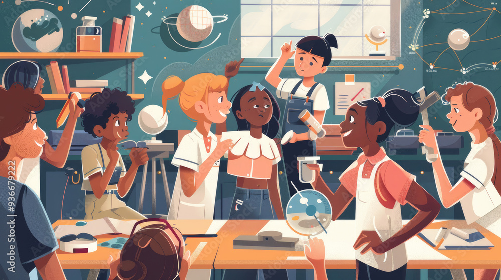 Poster a group of diverse students enthusiastically participates in a science lesson filled with hands-on a