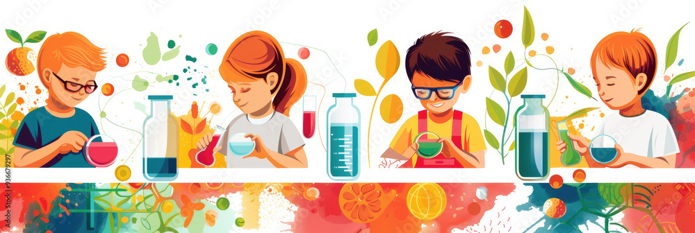 Poster a group of children is conducting science experiments using colorful liquids and plants in a vibrant