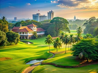 Naklejka premium Serene morning view of the lush green Royal Colombo Golf Club, Sri Lanka's oldest golf course, nestled in the heart of the bustling capital city.