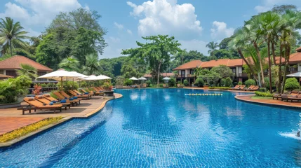 Gordijnen Kaki Guests lounge by the crystal-clear pool, enjoying the warm sun and peaceful atmosphere of the resort's tropical landscape  © sommersby
