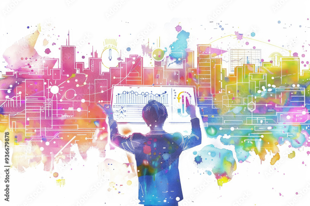 Poster a person engages with colorful digital data visuals against a lively city skyline backdrop while exp
