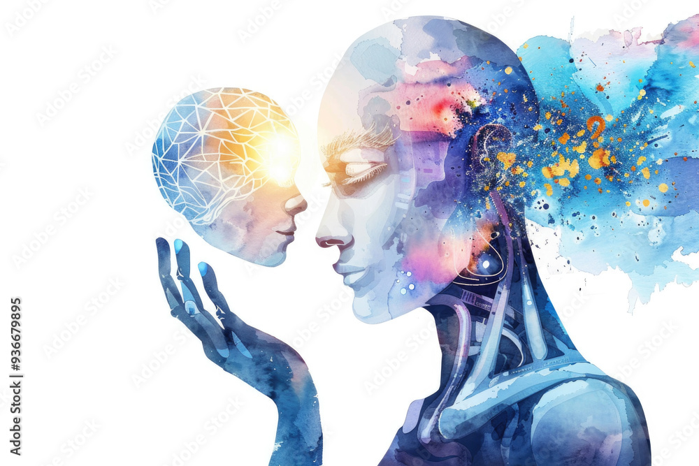 Poster a humanoid figure cradles a small, luminous head, surrounded by a spectrum of abstract colors and sh