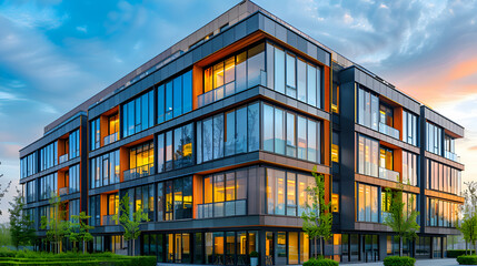 Obraz premium A sleek, modern office building with large glass windows, reflecting the sky.
