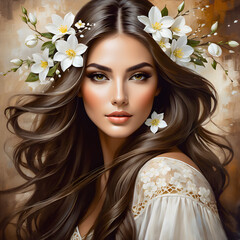 Witness the breathtaking beauty of a woman with flawless makeup and whimsical long hair, adorned with delicate white flowers on a serene brown background.