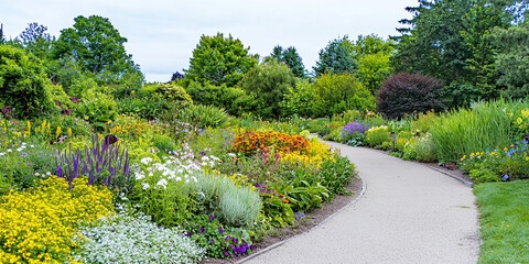 Naklejka premium landscape design services, a botanical garden, showcasing a picturesque arrangement of flowering plants and garden paths with a tranquil and scenic backdrop 