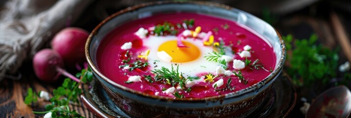 Cold beetroot soup with egg and cucumber served with kefir