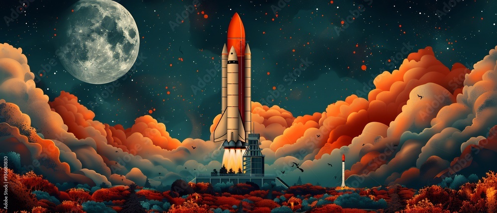 Poster abstract depiction of rocket lifting off launchpad rooted in a lush forest symbolizing growth and in