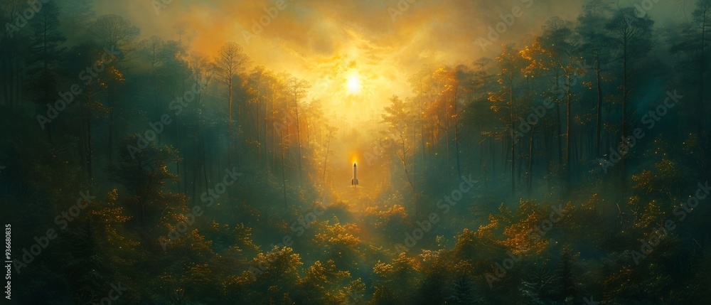 Poster abstract depiction of rocket lifting off launchpad rooted in a lush forest symbolizing growth and in
