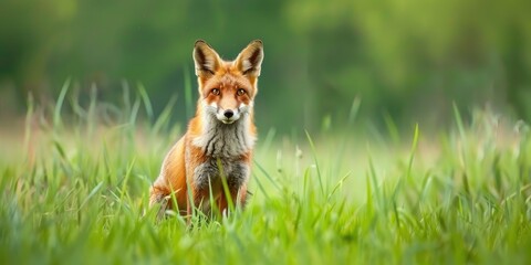 Obraz premium Red fox vixen in a vibrant green meadow