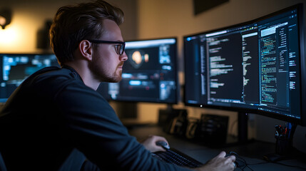 Modern Office Environment with Focused Software Developer Coding Late Night, Utilizing Multiple Screens for Programming and Debugging, Highlighting High-tech Workspaces and Productivity