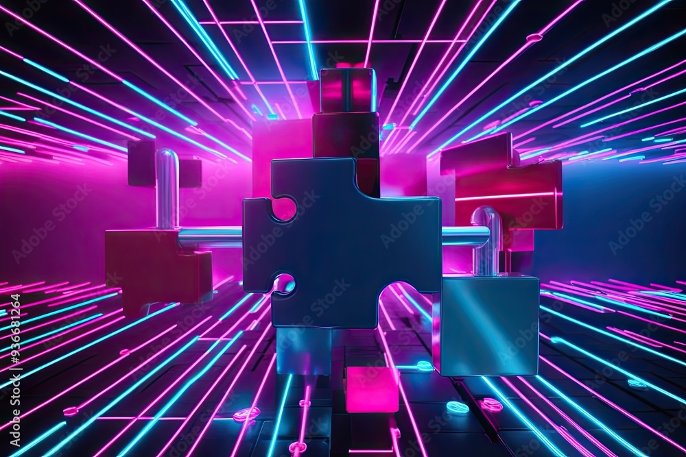 Poster neon technology inspired abstract puzzle block collaboration in a connected environment