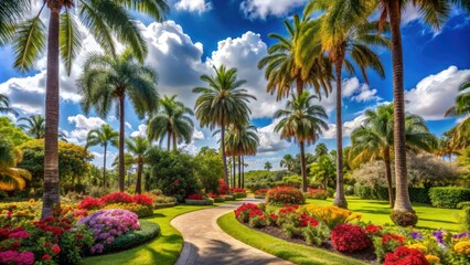 Fototapeta premium Serenene palm trees and vibrant flowers thrive in the lush, natural oasis of a prestigious university's botanical garden on a sunny day.