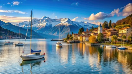 Fototapeta premium Serenene sailboats drift on the tranquil Lake Como, surrounded by majestic snow-capped Alps, beneath a radiant blue sky, in picturesque Bellagio, Italy.