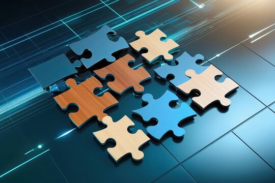 Visionary Representation of Amalgamation: Combined Puzzle Fragments on a Sleek Digital Backdrop Demonstrating Synergy and Effortless Interoperability