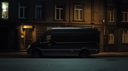 A black van parked on a quiet street in a dimly lit urban area at night
