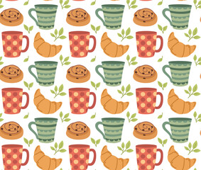 Seamless pattern with cups, croissants and buns. Vector colorful background with pastries and drinks in flat style