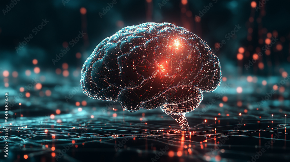 Poster 3d rendering of a human brain with neural connections and glowing data points on a dark background, 