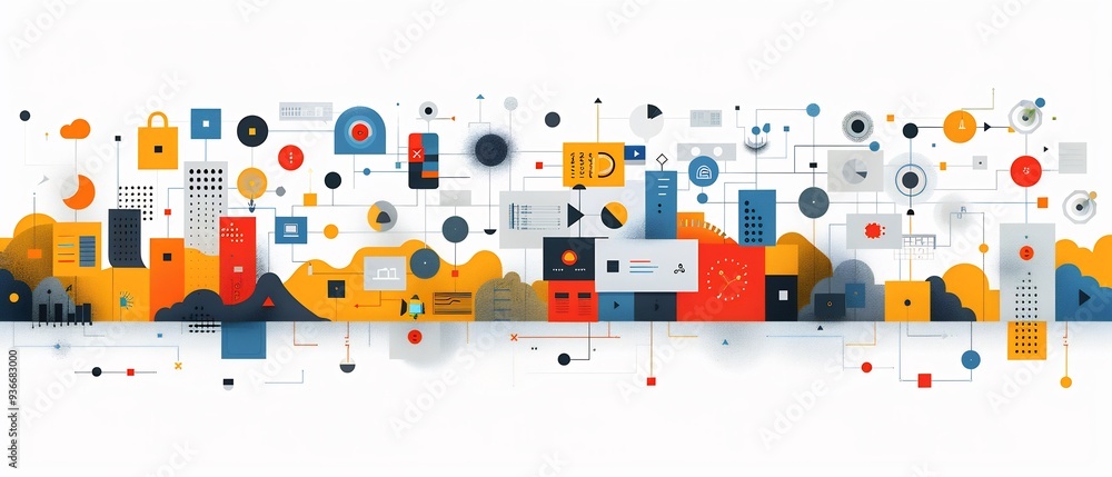 Poster abstract illustration of digital interface filled floating icons tools ready ideas designed develope