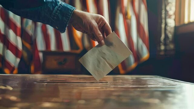 Hand placing a ballot into a wooden box with a blurred American flag in the background. Symbol of democracy and voting