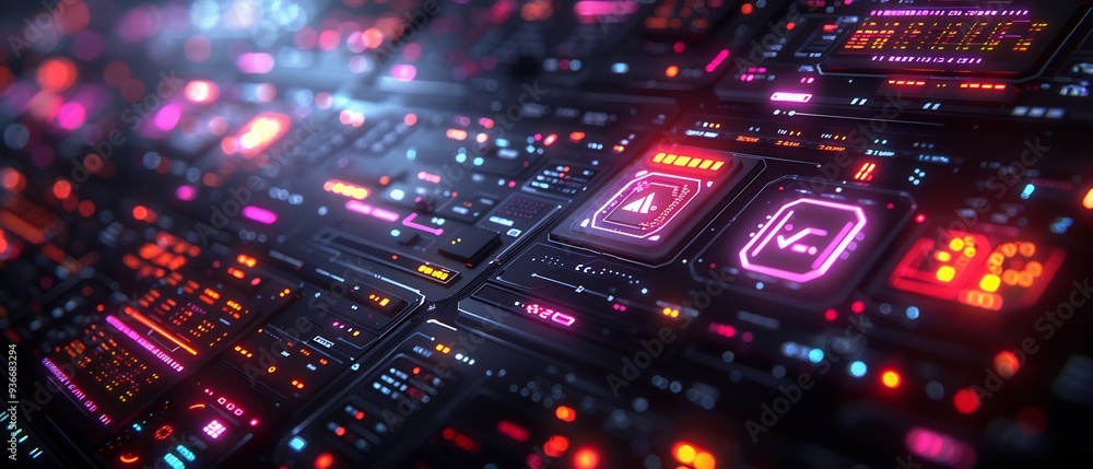 Poster abstract illustration of digital interface filled floating icons tools ready ideas designed develope