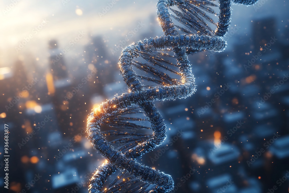 Poster abstract illustration of dna helix transforming into series of interconnected skyscraper symbolizing