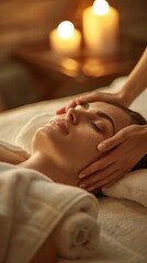 A woman reclines peacefully on a massage table, indulging in a tranquil treatment. Soft candlelight creates a calming atmosphere as she relaxes