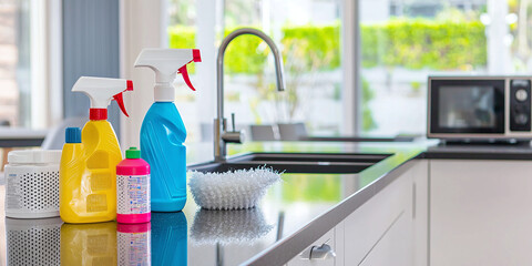 housekeeping business products, a modern, spotless kitchen with polished countertops, clean appliances, and neatly arranged cleaning supplies