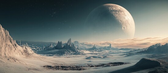 An alien moon casting its light over a snowy, mountainous landscape