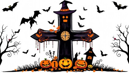 A spooky Halloween scene with a witch's hat, a cross, pumpkins, and bats.