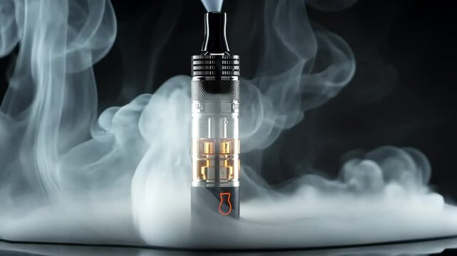 Vaping. Young vaper on black background. Concept - vape shop. Sale of devices for vaping. Vaper blows smoke from his mouth. Buying e-cig in vape shop. Electronic cigarettes.