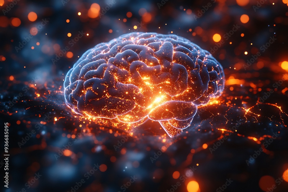 Poster abstract illustration of a human brain with glowing synapses symbolizing creativity visualizing the 