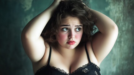 Fototapeta premium obesity, overweight, plus size, body positivity, self-esteem, confidence, mental health, discrimination, prejudice, bullying, low self-worth