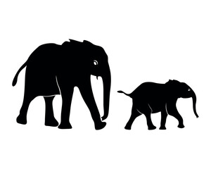 Elephant family silhouette isolated on white background. Elephant with her baby. Silhouette of elephants. 