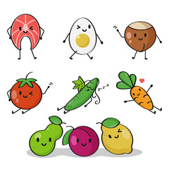 A set of cute food icons with eyes in a flat style.