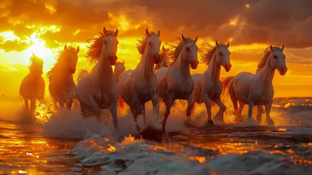 Herd of white horses running on the beach at sunset in summer