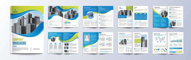 Multipage company profile business brochure design layout, Corporate brochure editable template with cover page, minimalist A4 16 pages brochure design with modern concept