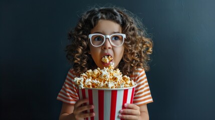 A girl with curly hair sits contentedly, wearing glasses, as she indulges in a big bowl of popcorn, fully immersed in her snack during a fun evening