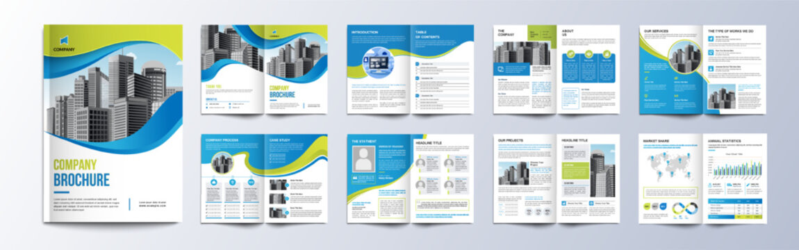 Multipage company profile business brochure design layout, Corporate brochure editable template with cover page, minimalist A4 16 pages brochure design with modern concept