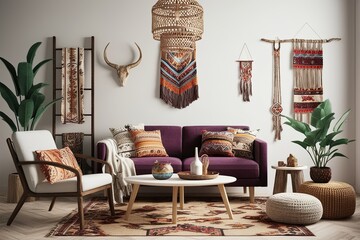Stylish Bohemian Interior Mockup Showcasing Modern Design and Ethnic Accents