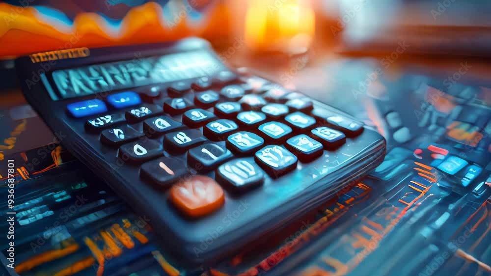 Poster close-up of a calculator resting on financial data charts. colorful digital graphic style with a blu