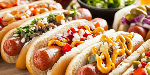 close-up of perfectly grilled hot dogs with a variety of premium toppings and garnishes