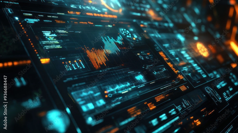Aufkleber Futuristic Digital Interface with Glowing Data and Graphs