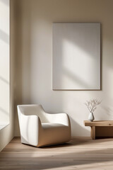 A white chair is sitting in front of a white wall with a white picture frame