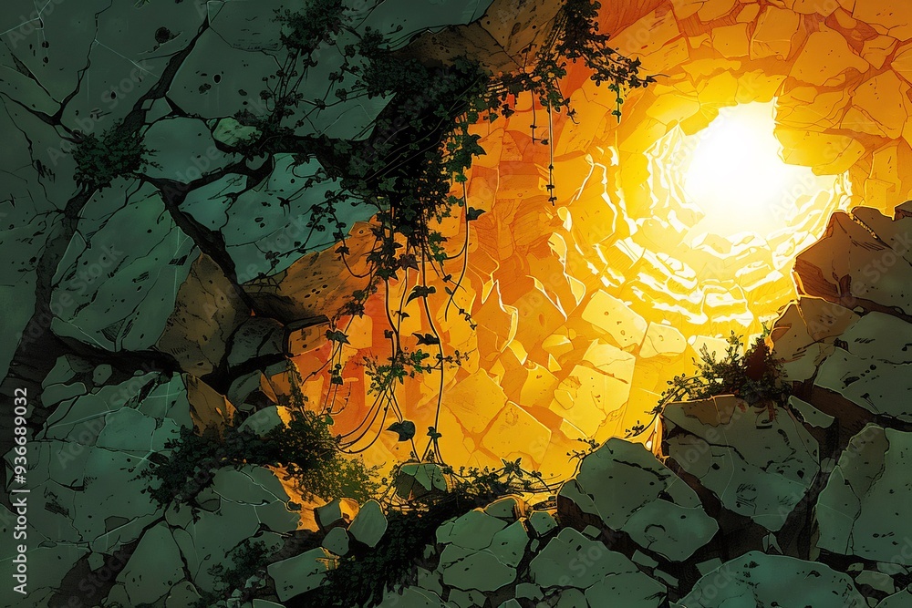 Poster abstract illustration of vine climb up crumbling ancient monument where resilience of nature depicte