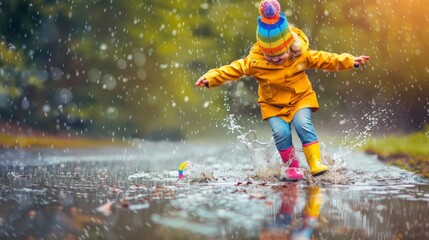 Fototapeta premium A cheerful child, dressed in vibrant, colorful rain gear, happily enjoys splashing in puddles on a rainy day