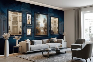 Contemporary Interior Mockup Featuring Artistic Gallery Mural and Minimalist Decor