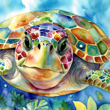 Colorful sea turtle swimming underwater. Watercolor painting of a marine animal in vibrant multicolored patterns with ocean plants in the background. Ocean life and wildlife concept