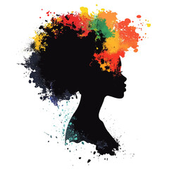 Vector woman silhouette with colorful splashes hair. Expressive symbol of creativity and individuality.