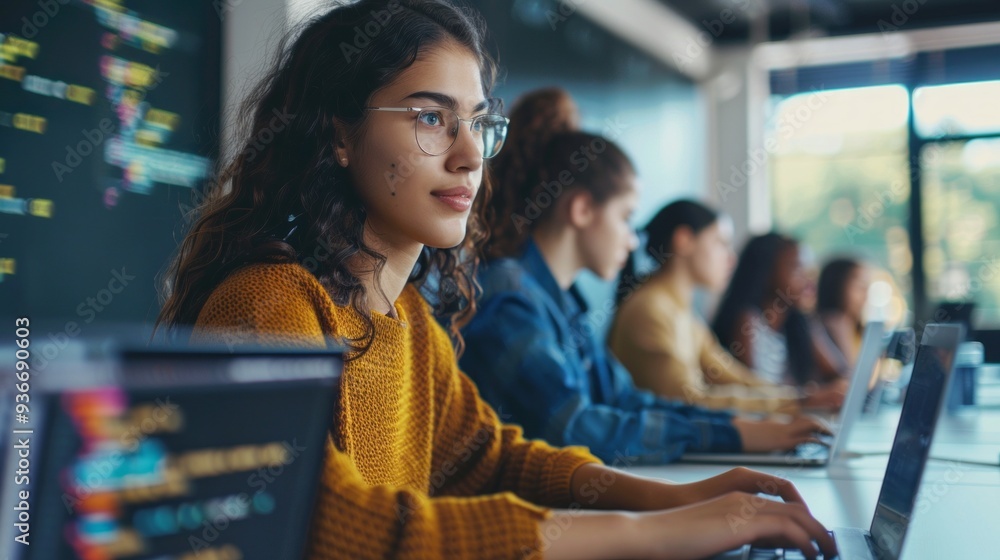Poster A high school girl focuses on a coding project in a bright classroom, while her classmates work on laptops, fostering a collaborative learning atmosphere
